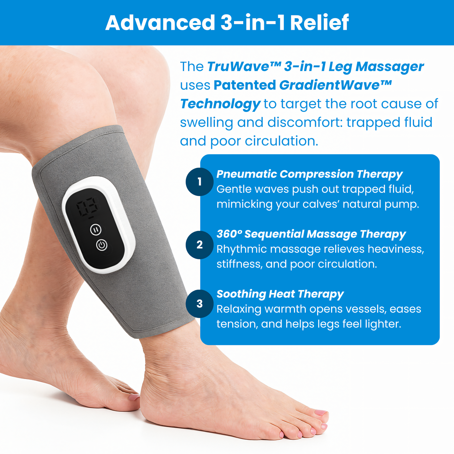 Relieve Swollen, Heavy Legs and Finally Enjoy Time With Loved Ones Again with the TruWave™ 3-in-1 Leg Massager